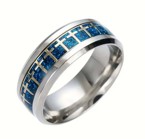 Men 8mm Titanium Steel Beveled Edges Blue Cross Pattern Comfort-Fit Wedding Band